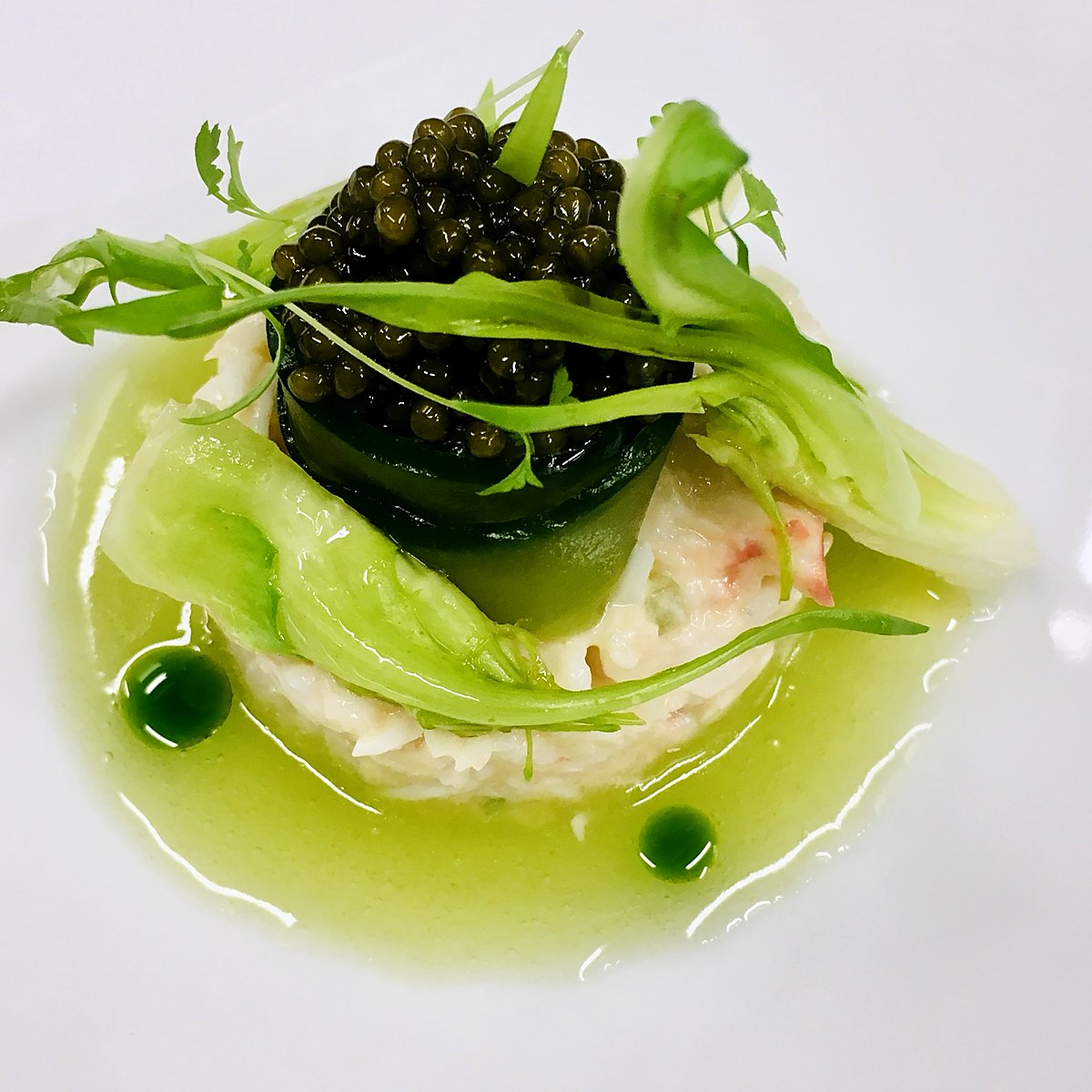 Crab with cucumber, caviar and celery broth