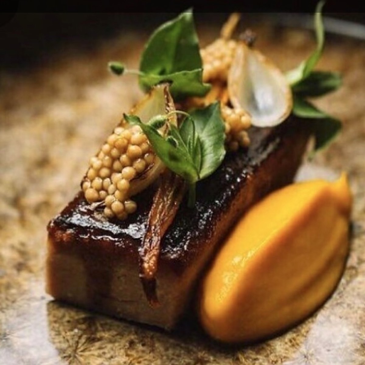 Glazed pork belly with mustard seeds and pumpkin